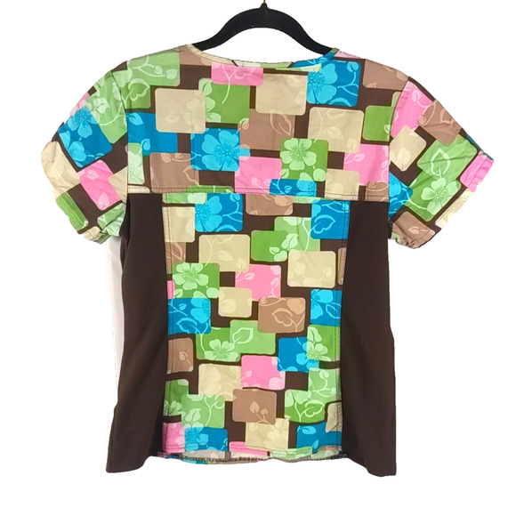 Vintage Cherokee Women's Scrub Top Size Small Pink Blue Brown Faded Look - Picture 4 of 7